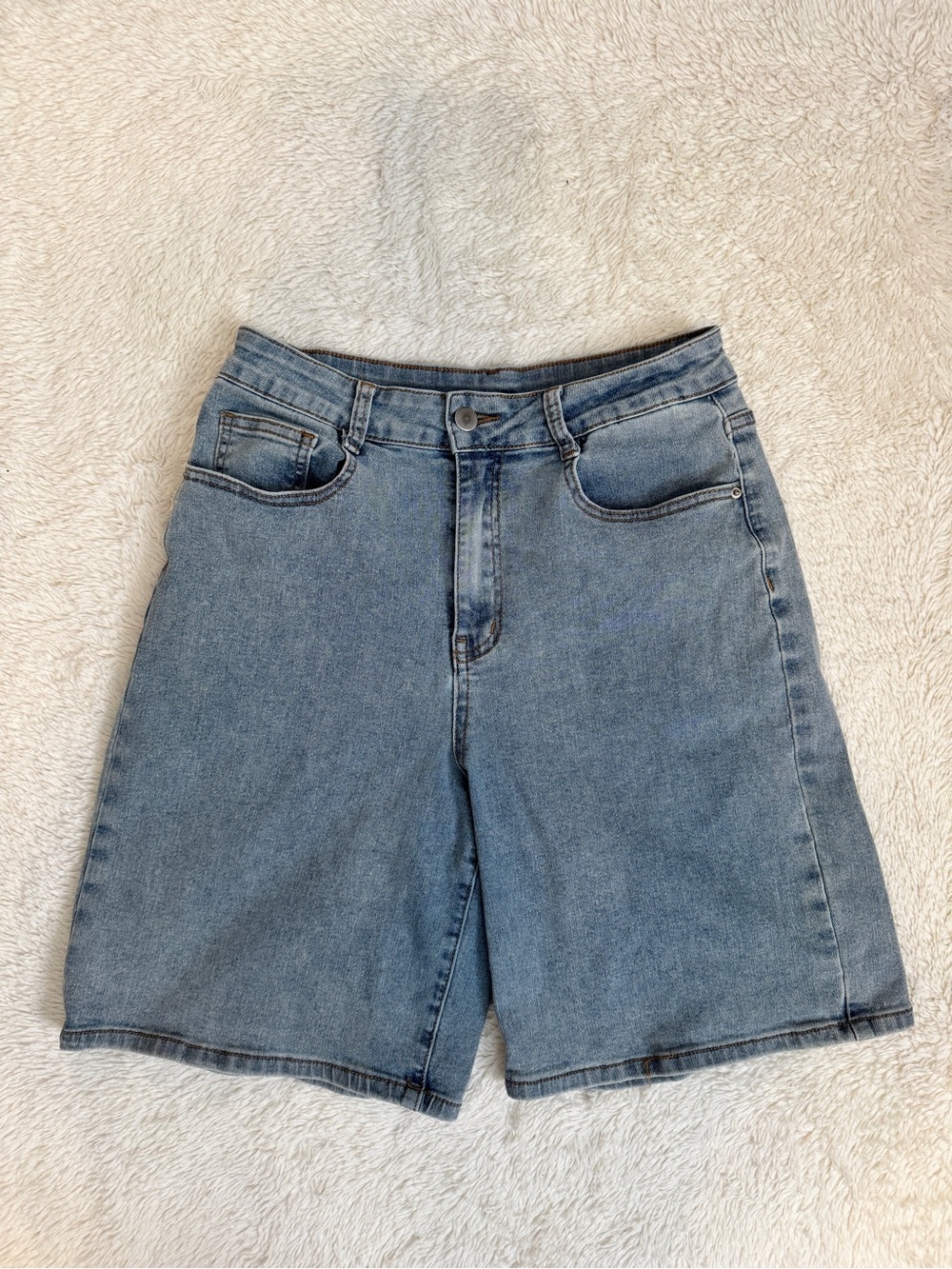 Classic High-Waist Light Wash Denim Long Shorts